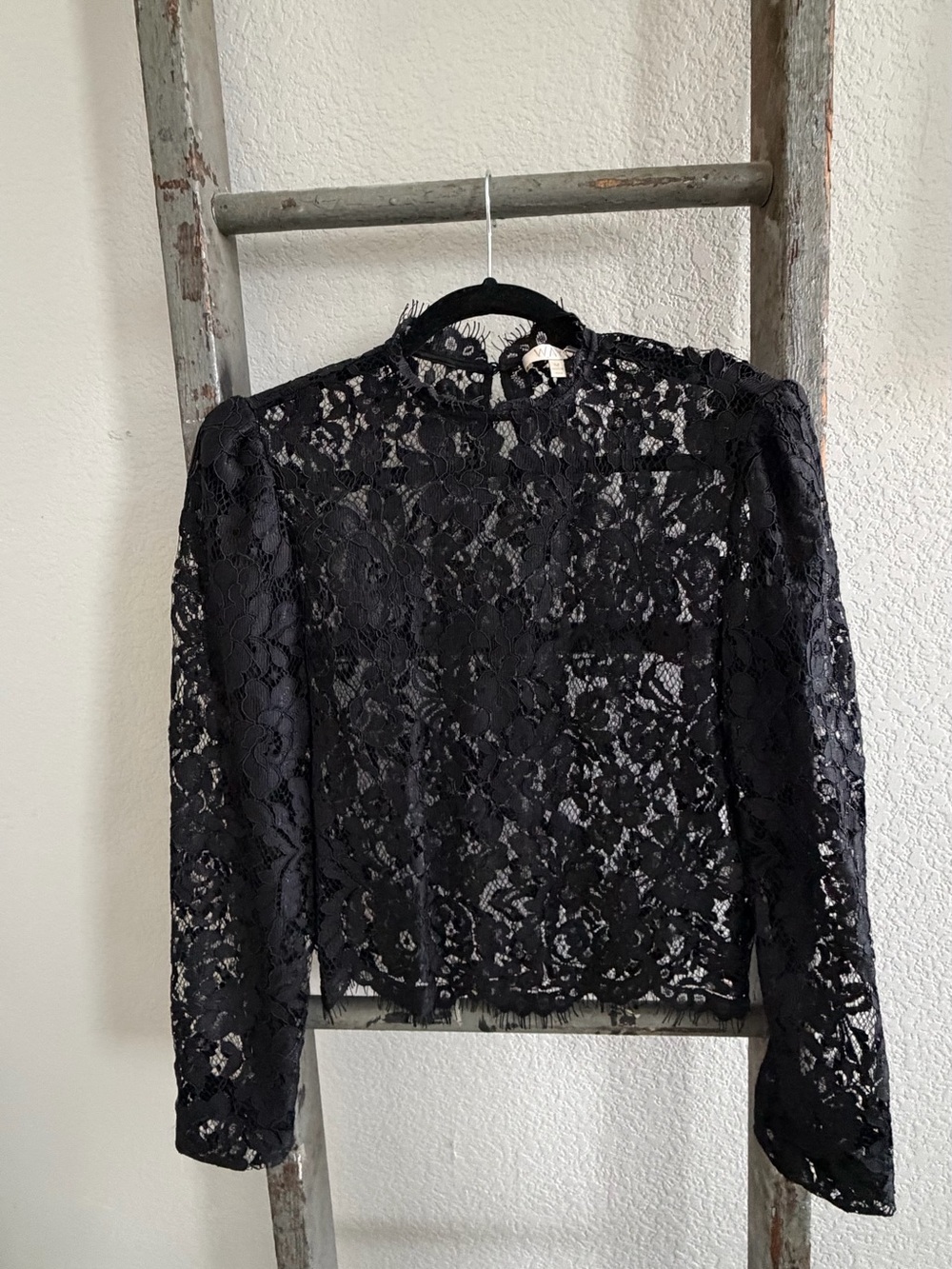 Wayf Black Sheer Lace Long-Sleeve Blouse